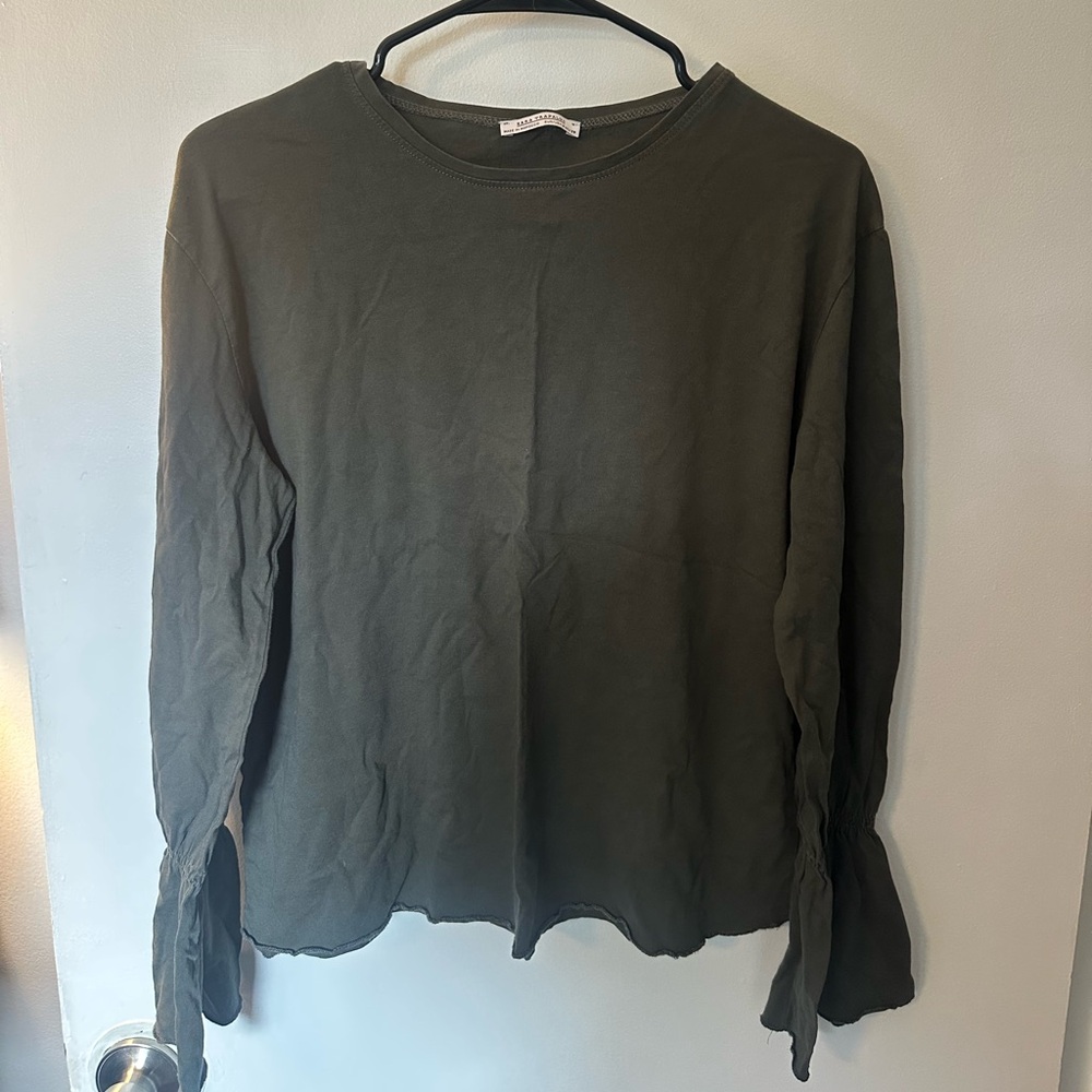 Zara Olive Green Long Sleeve Crew Neck Top